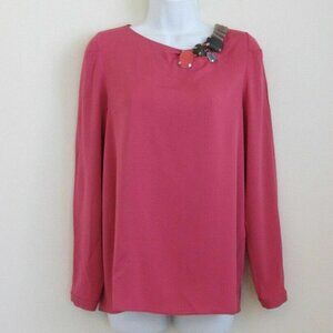 NWT PIAZZA SEMPIONE Fuchsia Silk Neck Jewelry Long Sleeve Blouse Top 44/10